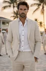 Natural Monte Carlo Linen Suit Jacket, w/ Natural Verona Pants w/ Bradford Groom Shirt w/ Coconut Buttons
