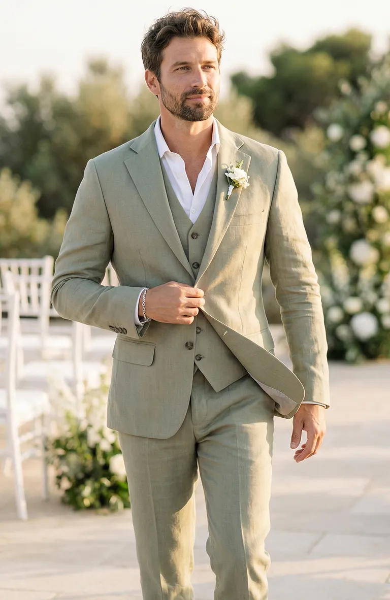 Monte Carlo Summer Linen Suit Sage with Sage Monaco Vest, and Verona Italian Linen Pants in Sage