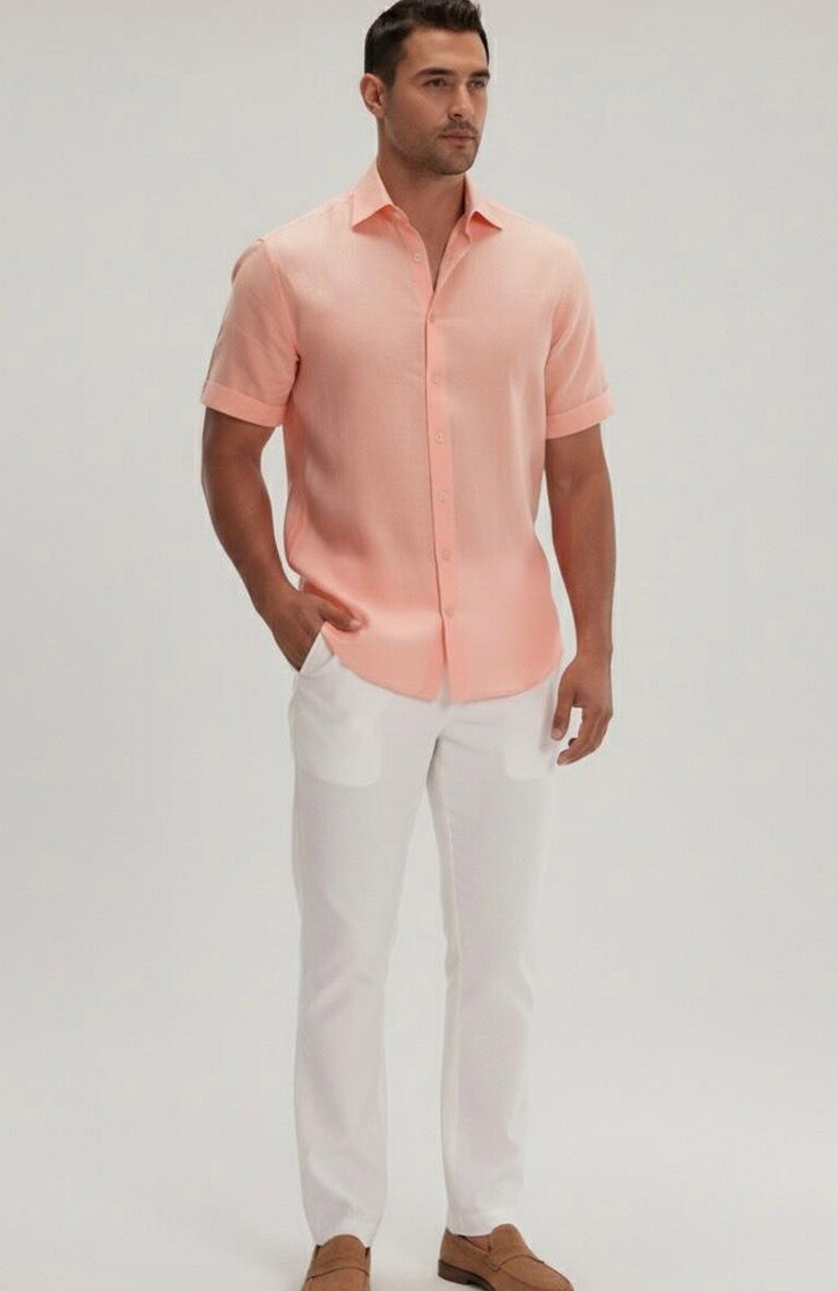 short sleeve dress shirt wedding Men's 100% Linen Embroidered Dress Shirt Short Sleeve Signature Apricot / S