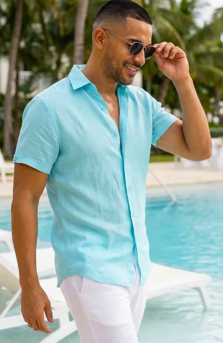 beach dress for men MENORCA Linen Shirt - White/Royal Blue Elastic waistband with adjustable drawstring Beach Wedding Attire for Men