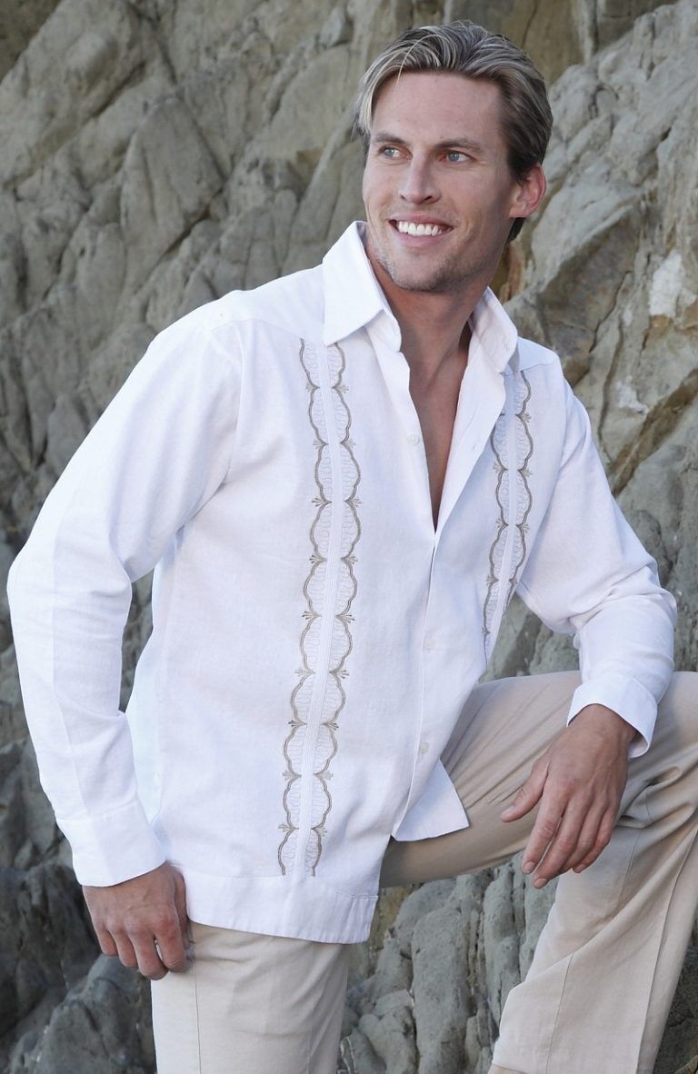 Lucas White Guayabera Shirt with Natural Embroidery, Natural Verona Pants