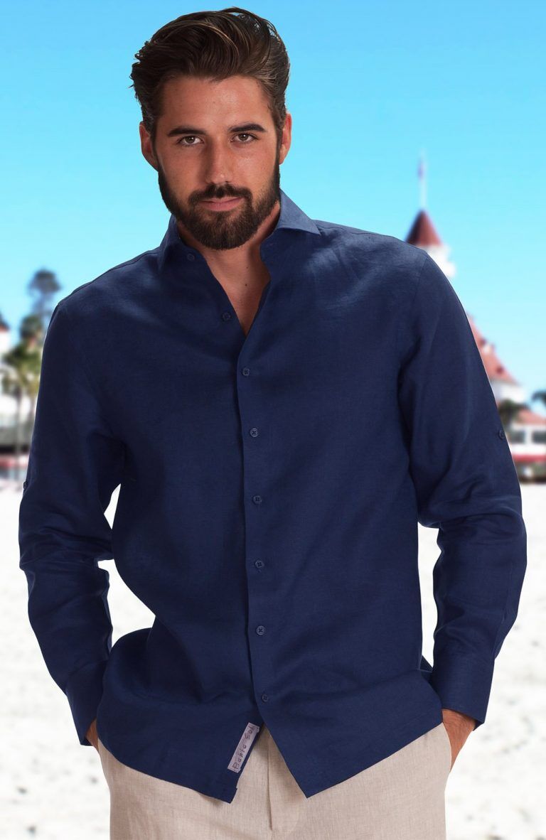Bradford Linen Wedding shirt in Cobalt, Natural Pants