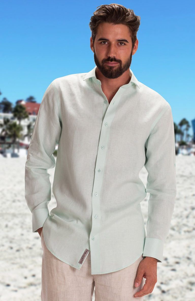 Consider going with a classic Bradford when buying men's linen shirts for beach weddings