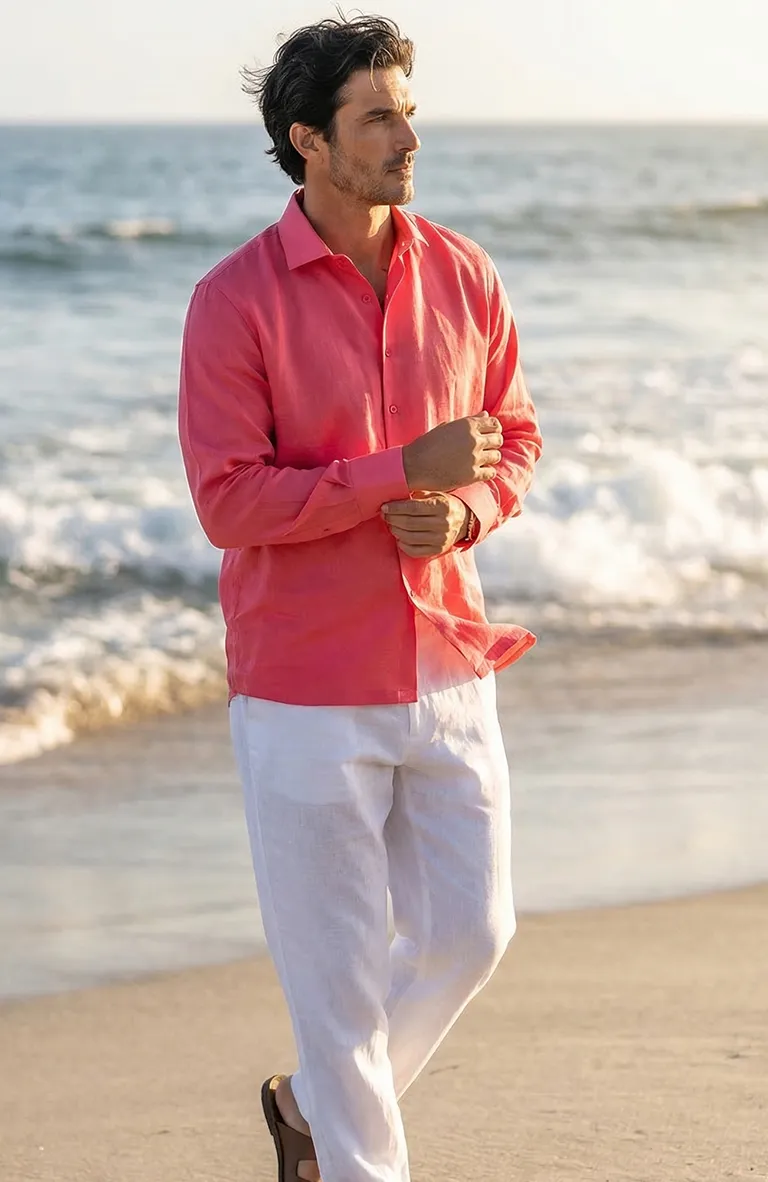 Bradford Linen Wedding shirt in Coral Reef