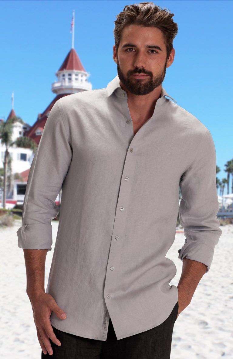 Bradford Linen Wedding shirt in Silver Gray, Smoke Pants