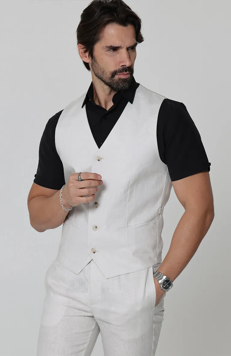 Monaco Italian Linen Vest in Light Sand, Bradford Italian Linen Shirt in Black with Verona Italian Linen Pants in Light Sand
