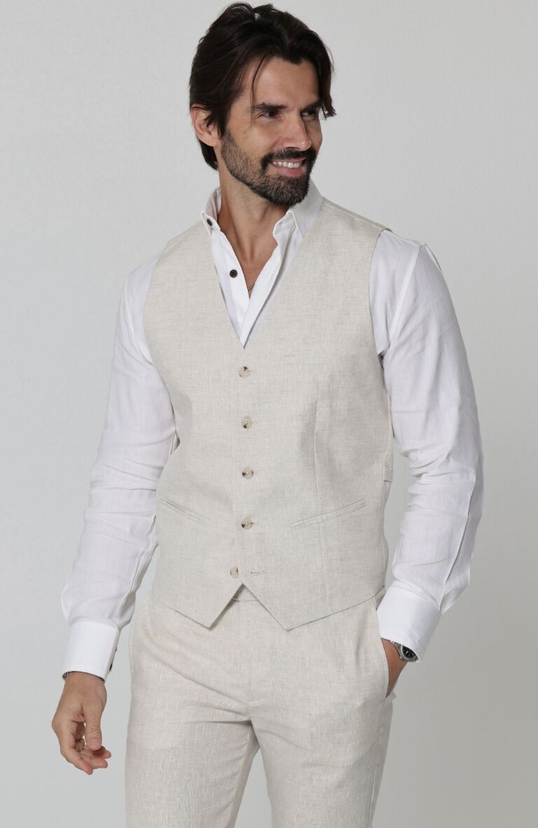 Monaco Vest in Natural, White Bradford, Natural Verona Linen Pants