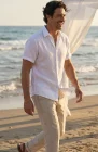 Bradford Men's Bone /Ivory Linen Short Sleeve Shirt with Light Sand Pants