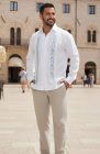 Carmen Guayabera Shirt in White with Turquoise Embroidery (code 2033), Natural Pants