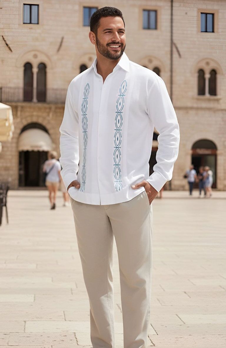 Carmen Guayabera Shirt in White with Turquoise Embroidery (code 2033), Natural Pants