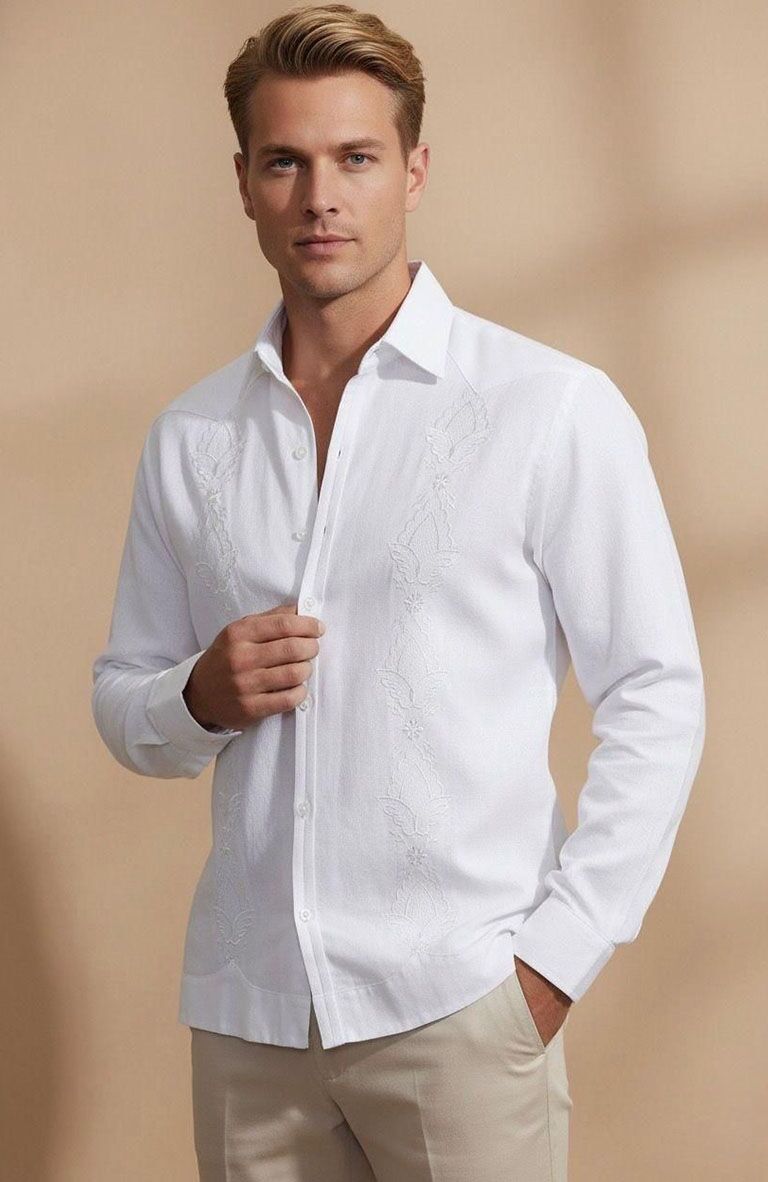 Cayman, Men's Guayabera Italian Linen Embroidered Shirt in White with Natural Verona Pants.