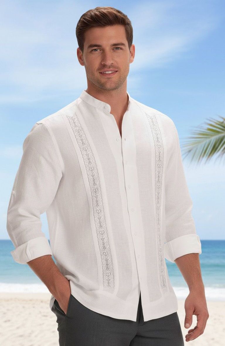 Isola- White With Light Gray Linen Wedding Shirt, Charcoal Verona Pants