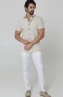 Beckford Italian Linen Shirt in Natural and Coconut Buttons, White Verona Pants