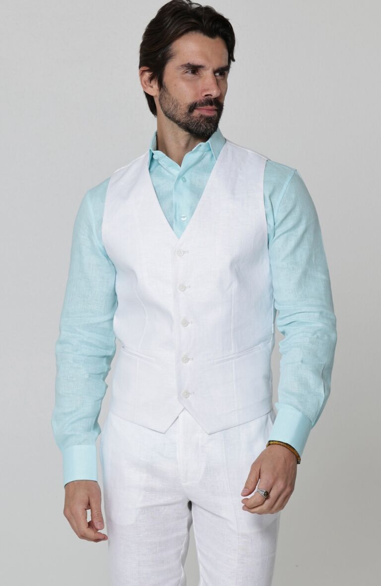 Monaco Linen Vest in White, with White Verona Pants