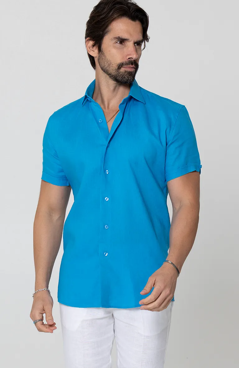 Deep Ocean Linen Bradford Short Sleeve Shirt, White Verona Linen Pants