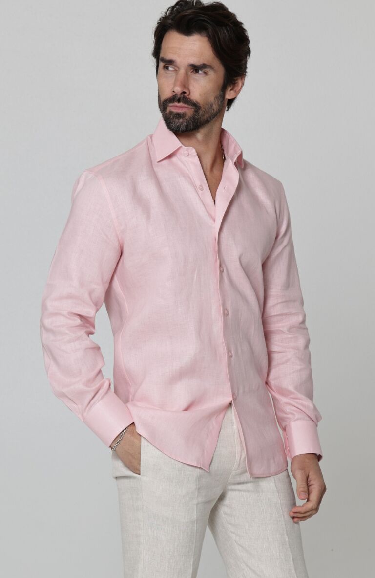Bradford - Men's Fitted Pink Linen Long Sleeve Shirt w/ Natural Verona Pants