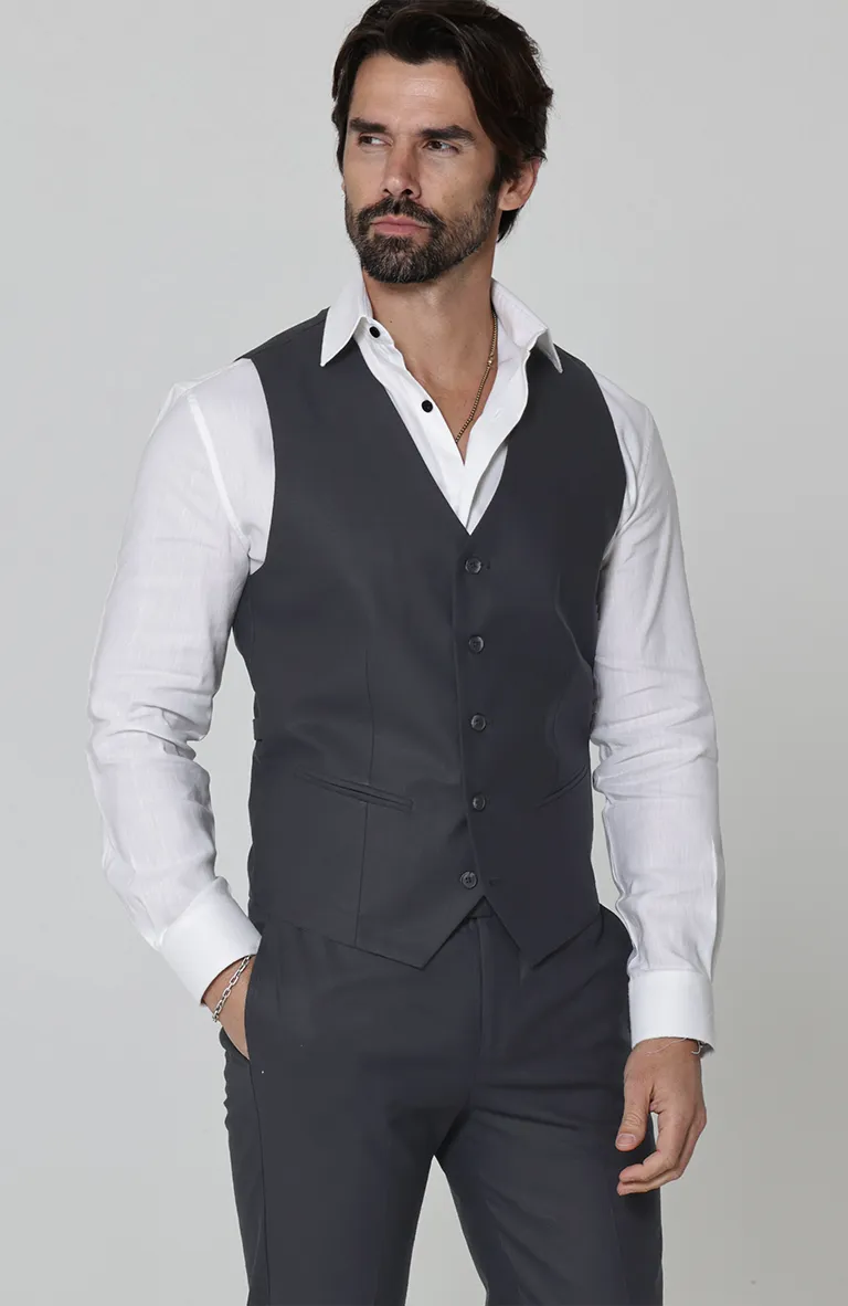 Monaco Vest in Charcoal, Charcoal Verona Pants, Bradford Linen Groom Shirt