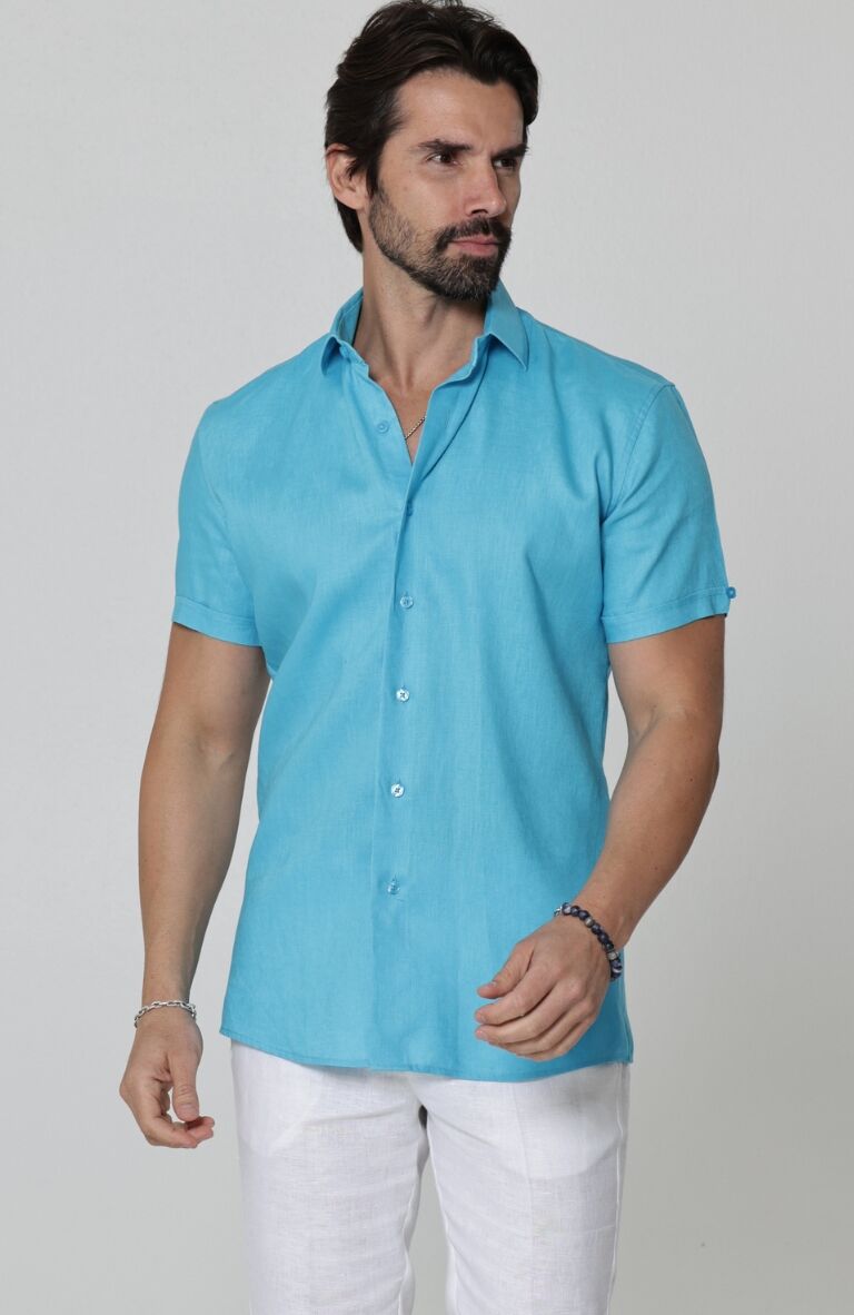 Bradford Short Sleeve Linen Wedding Shirt in Malibu w/ White Verona Italian Linen Pants