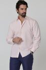 Beckford Men’s Linen Shirt Soft Pink with Velero Drawstring Linen Pants in Soft Navy