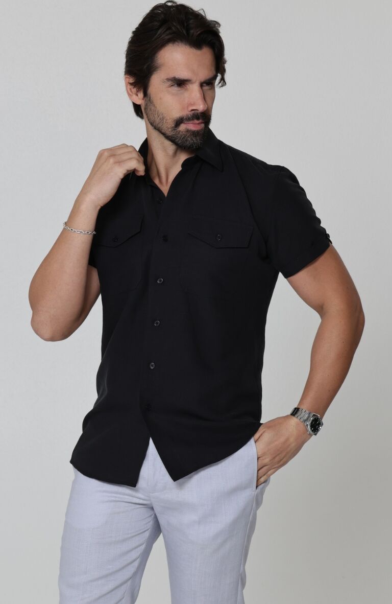Beckford Breathable Linen Shirts Black with Italian Linen Pants in Blue Silver