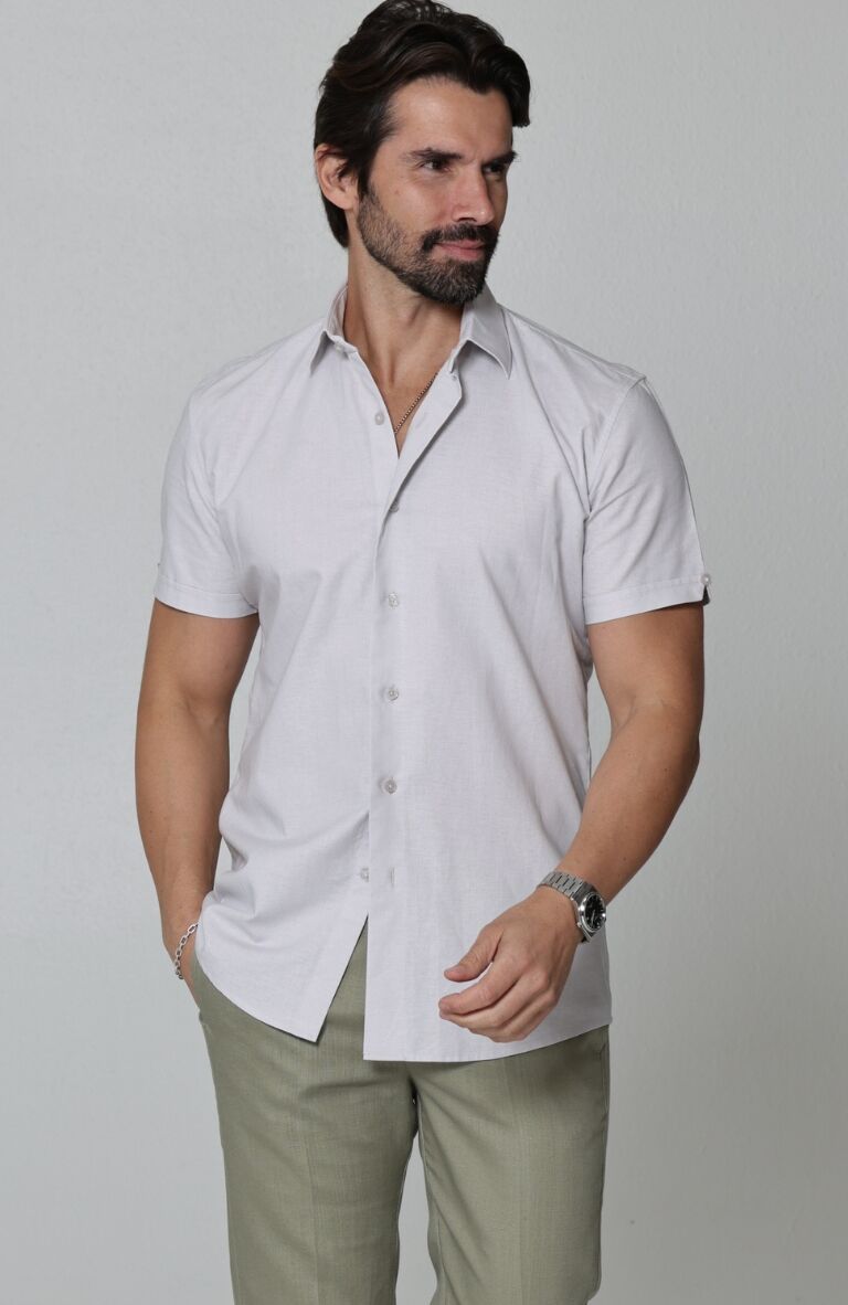 Beckford Linen Wedding Shirt in Cool Gray, with Linen Verona Pants in Sage