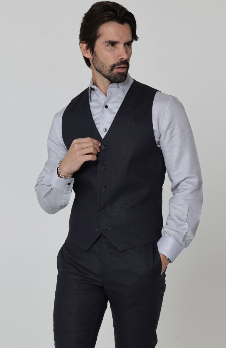 Monaco Linen Vest for Wedding Black