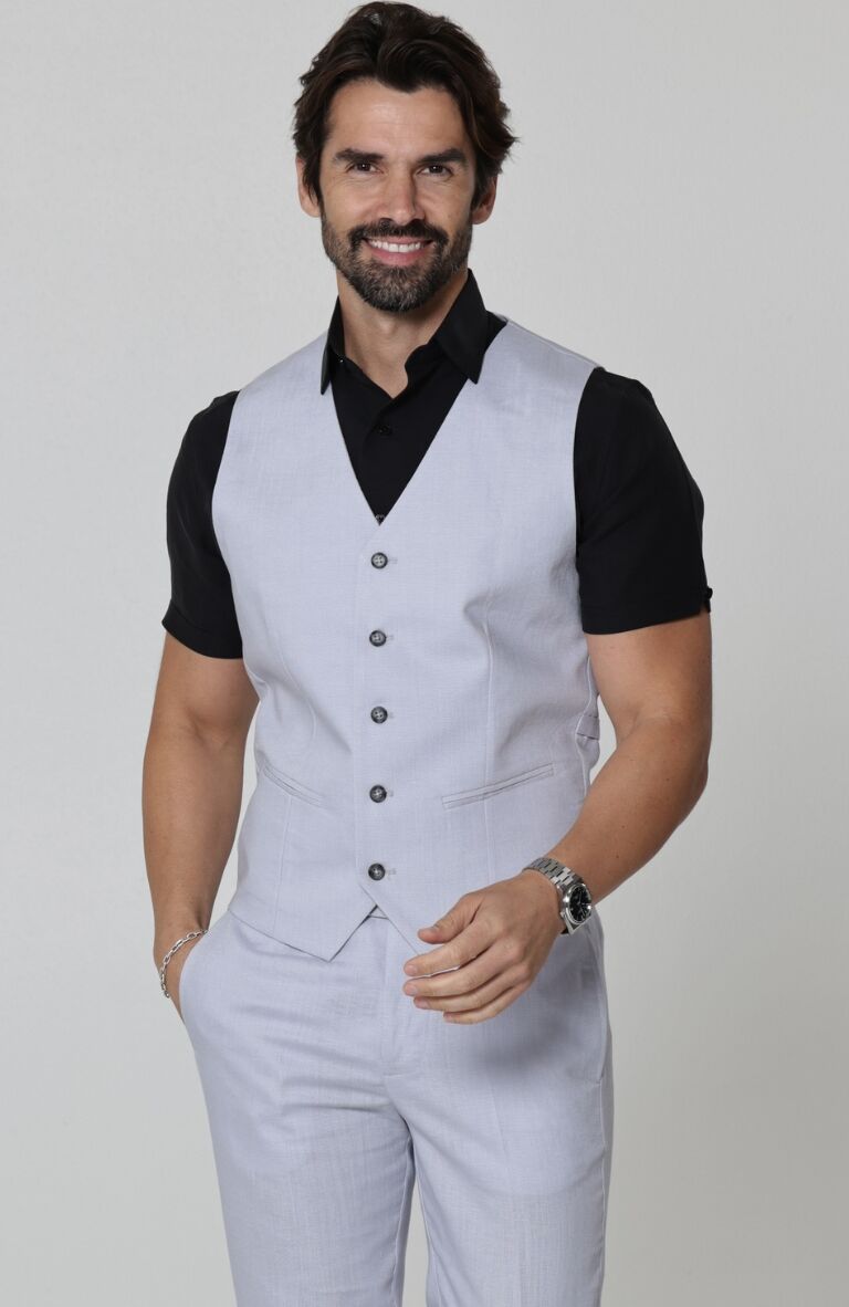 Monaco Men’s Luxury Linen Vest Blue Silver with Verona Italian Linen Pants in Blue Silver