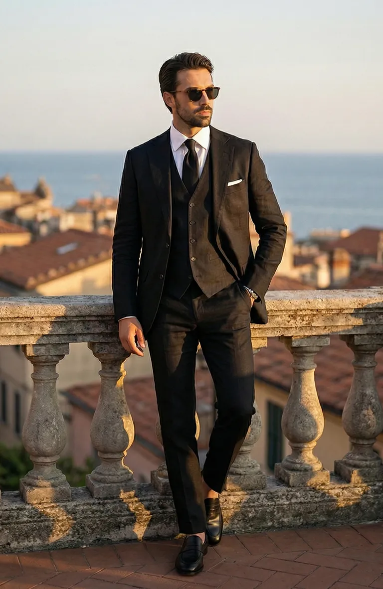 Black Monte Carlo Linen Suit Jacket w/ Black Verona Pants and White Bradford Linen Groom Shirt and Black Monaco West
