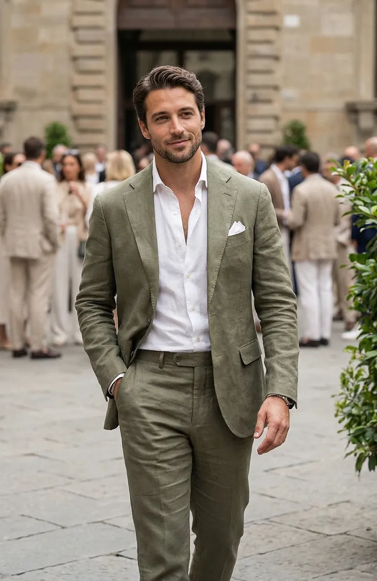 Monte Carlo in Olive with Olive Verona Pants Olive Monaco Vest, and Natural Beckford Shirt
