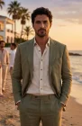 Monte Carlo in Olive with Olive Verona Pants, and white Beckford Shirt