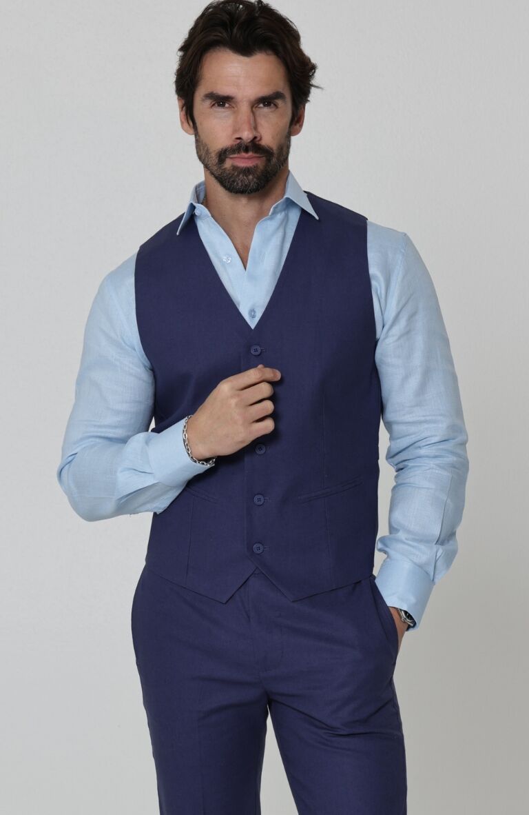 Monaco Men’s Linen Summer Vest Soft Navy with Verona Italian Linen Pants in Soft Navy