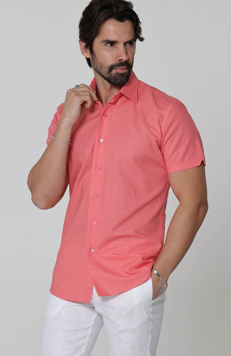 Beckford Men’s Short Sleeve Casual Linen Shirt in Salmon